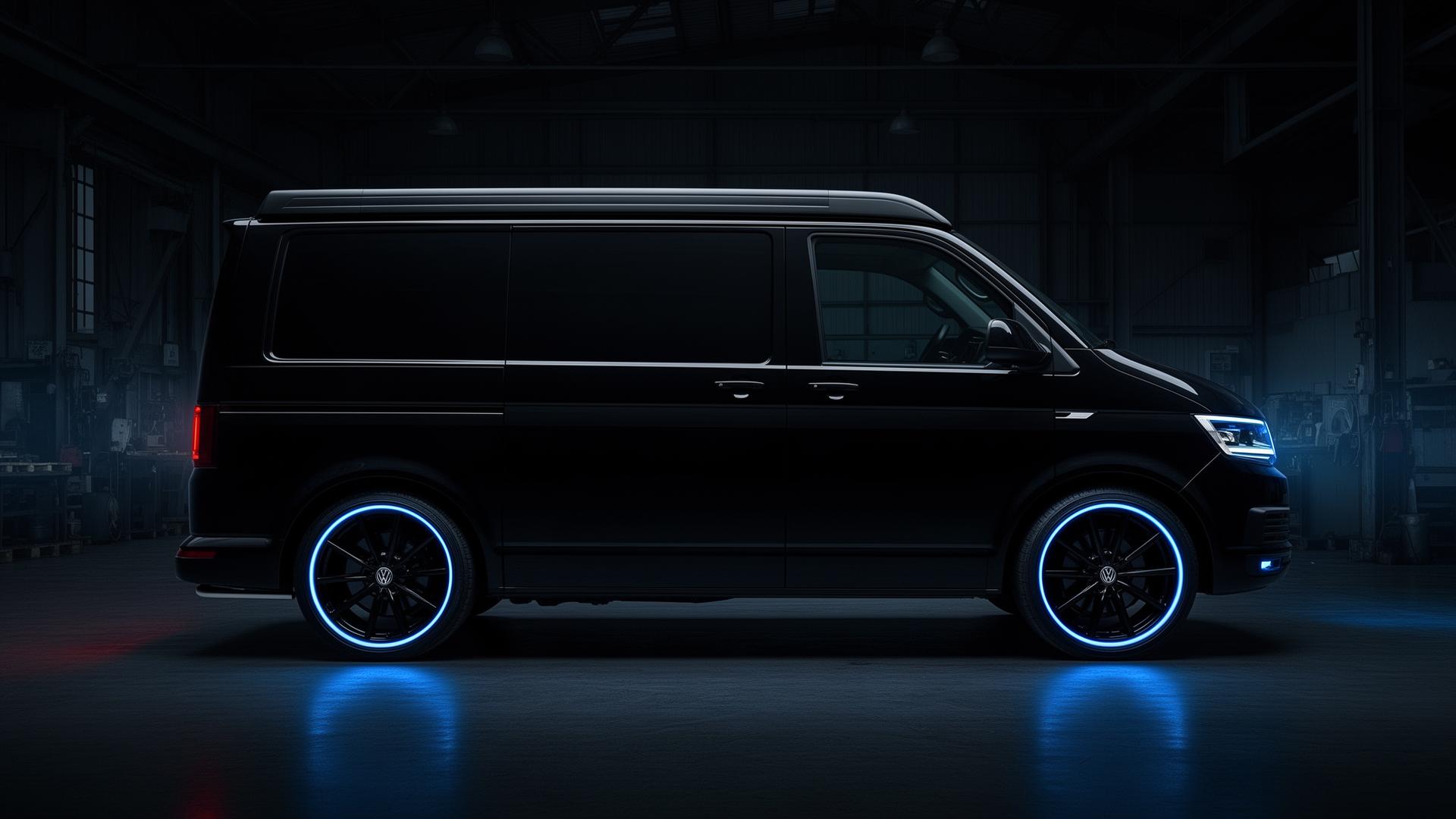 Zwarte Volkswagen Transporter met blauw verlichte velgen